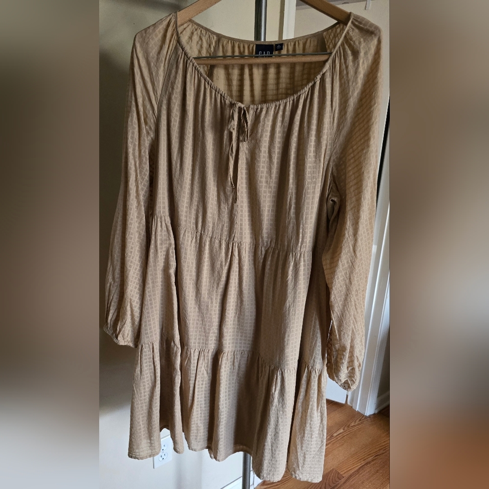 Tie Front Tiered Mini Dress Textured Tan Long Sleeve Dress